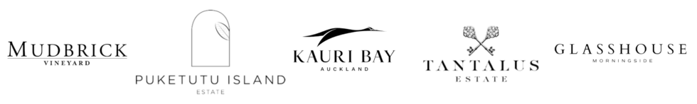 Trusted wedding venue partners including Mudbrick Vineyard, Glasshouse Morningside, Kauri Bay, Tantalus Estate and Puketutu Island Estate.