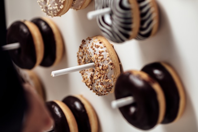 wedding chocolate donuts for guests. festive concept. sweets on a wedding day.