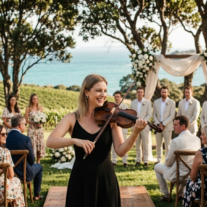Violinist performing beside an outdoor wedding ceremony
