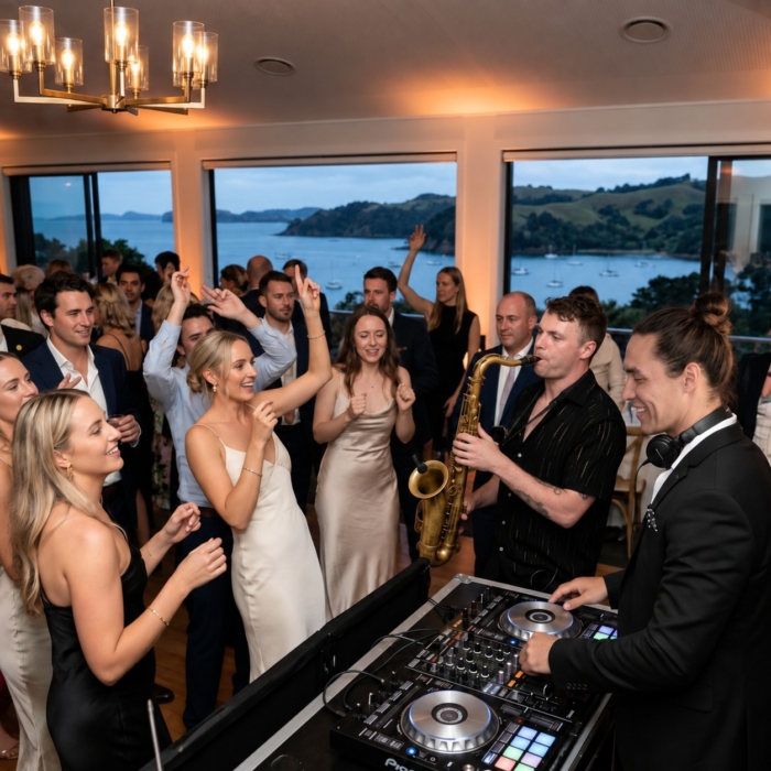 Wedding DJ and saxophonist performing alongside dancing guests