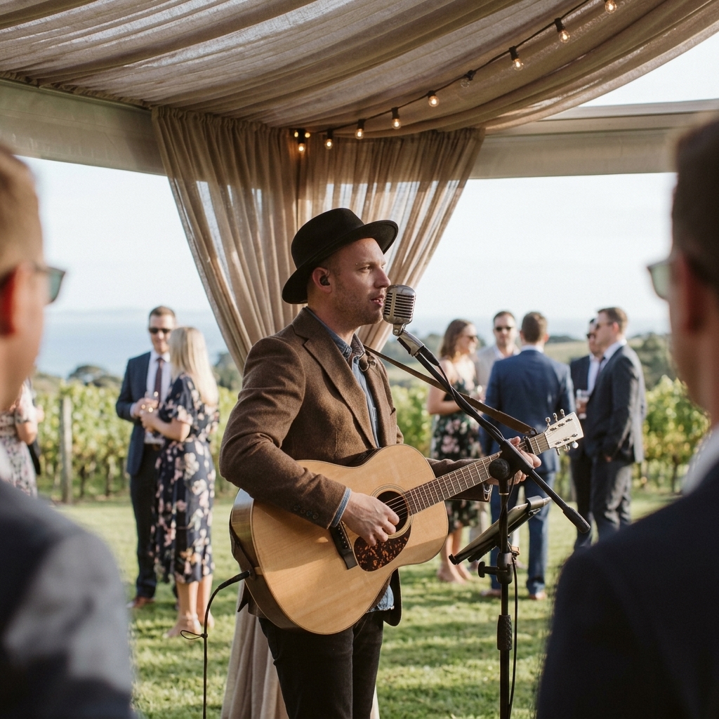 Acoustic singer and guitarist performing for wedding guests