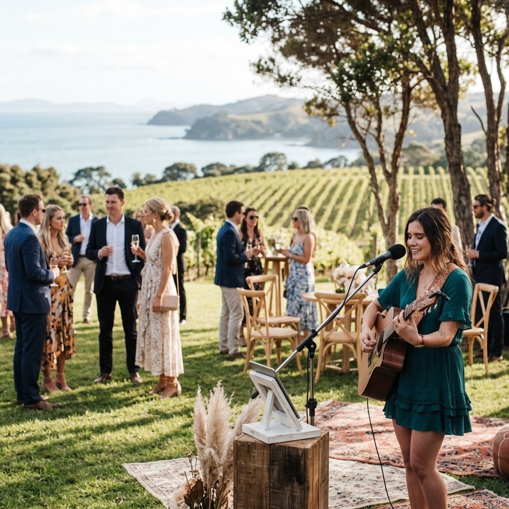 Singer and guitarist performing for wedding guests overlooking a vineyard