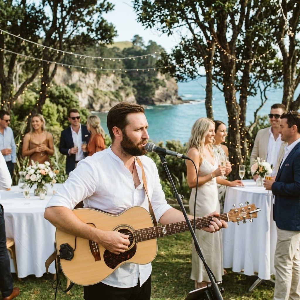 Singer and guitarist performing at a seaside celebration