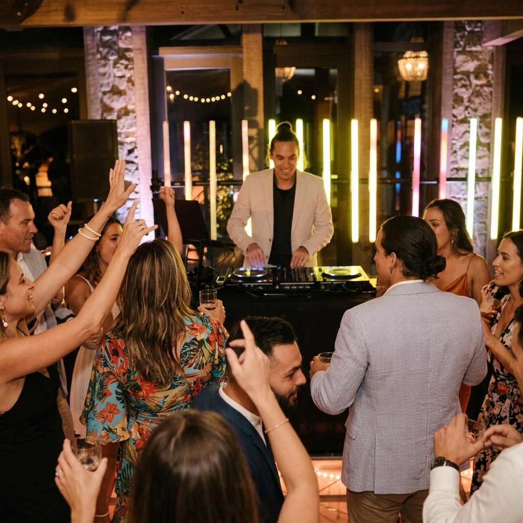 Birthday DJ mixing live as guests enjoy the dance floor