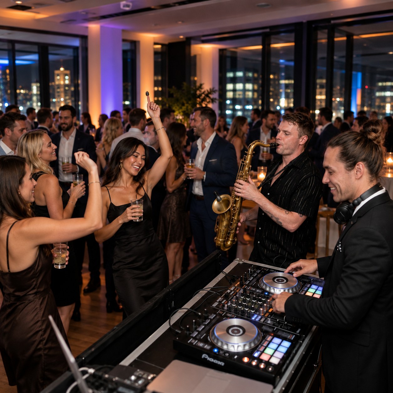 DJ and saxophonist performing together at an evening celebration