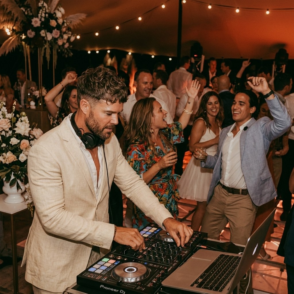 Wedding DJ mixing live as guests celebrate