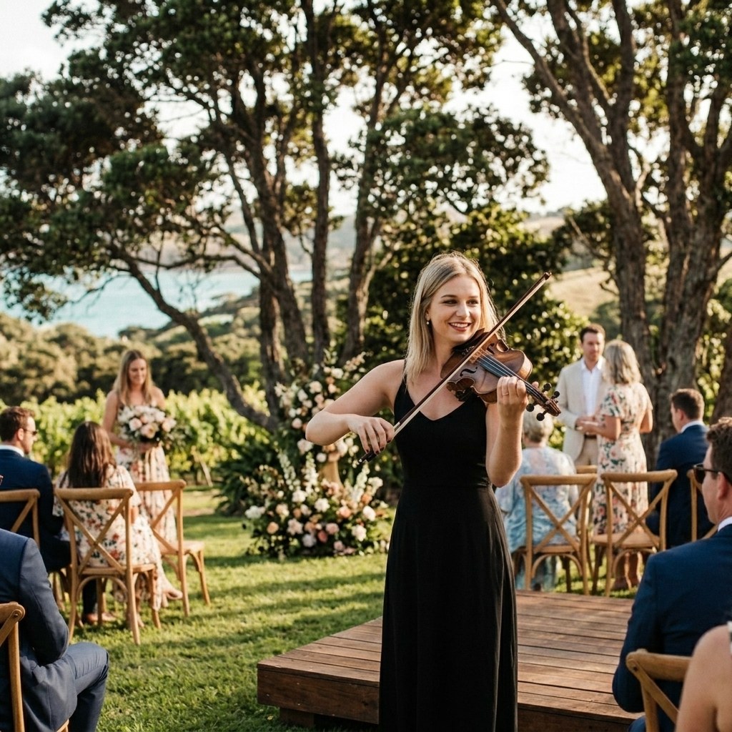 Solo violinist performing for an outdoor wedding ceremony